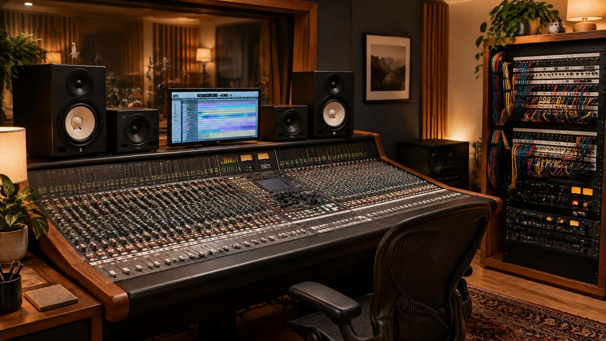 Sound engineer desk with mixing console and monitors