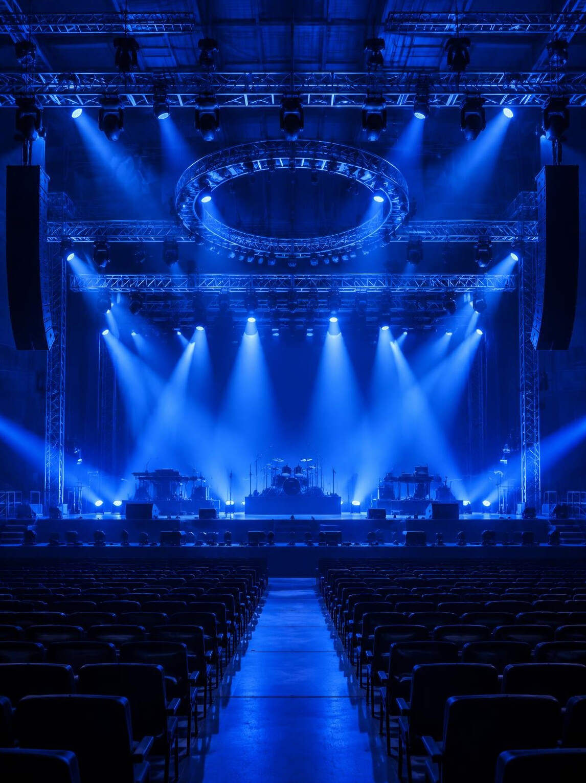 Stage rigging with lighting trusses and spotlights before a show