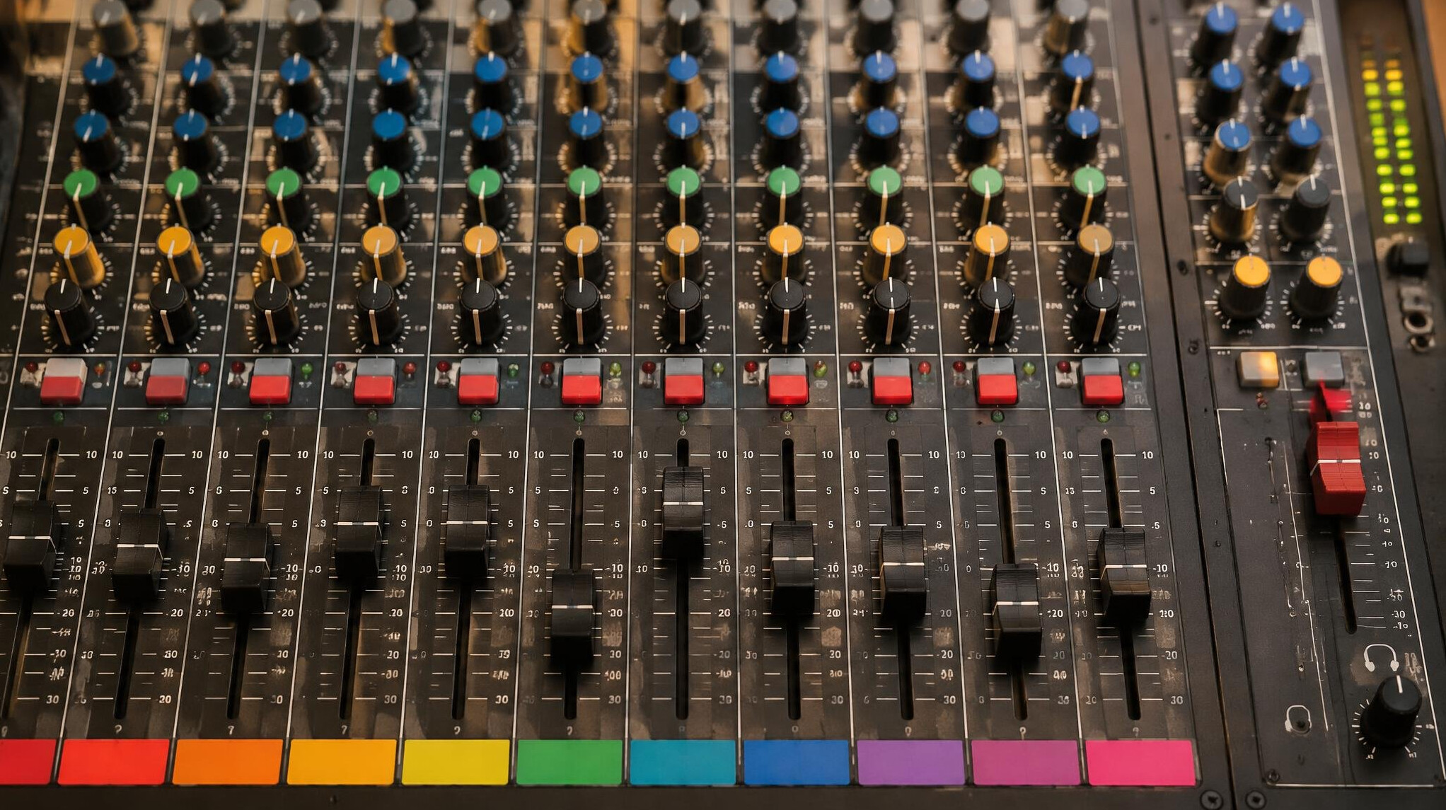 Audio mixing console with faders and knobs