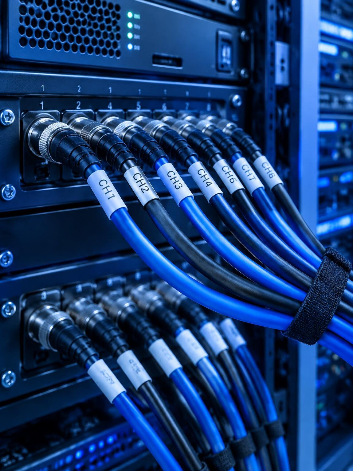 Neatly organised network and signal cables in a rack